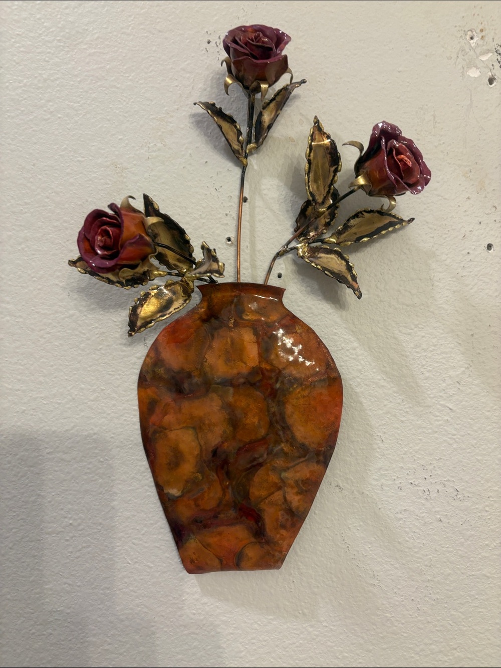 Metal Wall Art Vase with Burgundy Roses